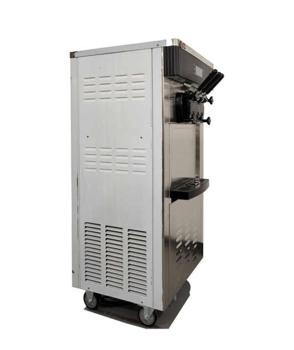 Vista lateral de la máquina de helados soft pedestal FRIGONOR, fabricada en acero inoxidable para negocios.