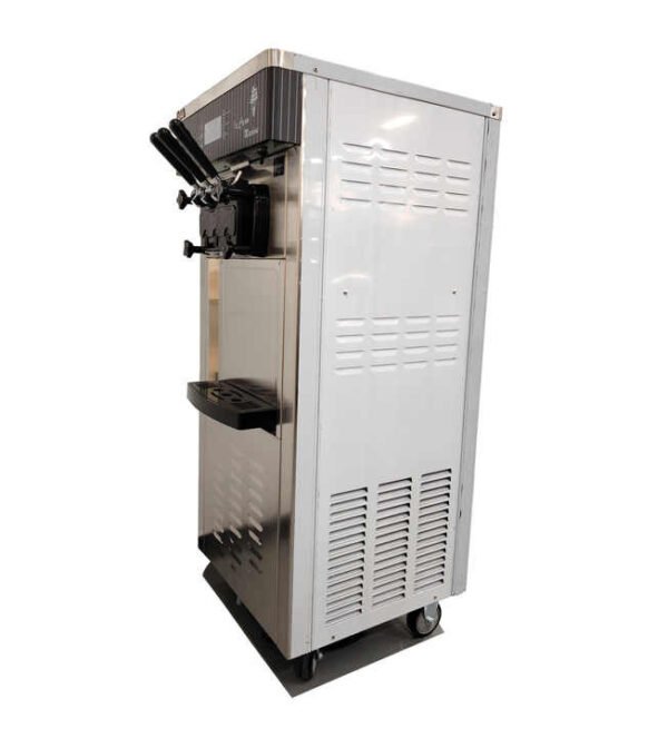 Vista lateral trasera de la máquina de helados soft pedestal FRIGONOR, ideal para heladerías y restaurantes.