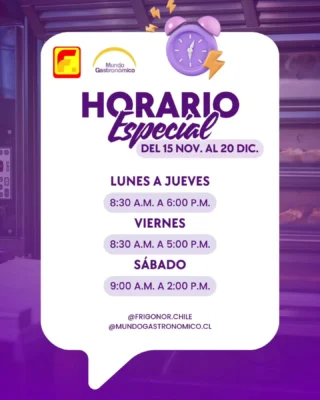 ¡Seguimos contigo, emprendedor! 🙌 Hasta el 20 de diciembre tendremos horario especial ⏰ Ven a visitarnos, cotiza tus equipos o consulta por financiamiento. 📍Aníbal Pinto 1202, Independencia 🕓 ¡Te esperamos para que sigas haciendo crecer tu negocio! 📲 @frigonor.chile | @mundo.gastronomico.cl #Frigonor #MundoGastronómico #EmprendeConNosotros